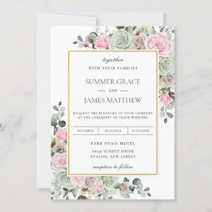Boho Blush Pink Sage Grüne Taupe Blumenhochzeit Einladung