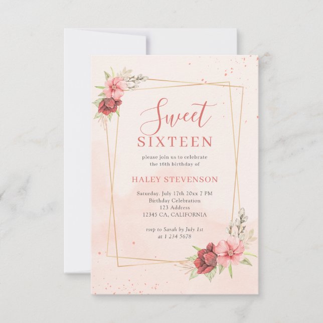 Boho Blush Pink Terracotta Blumenchic Sweet 16 Einladung (Vorderseite)