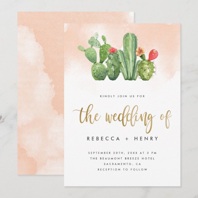Boho Blush Pink Watercolor & Cactus Wedding Einladung (Vorne/Hinten)