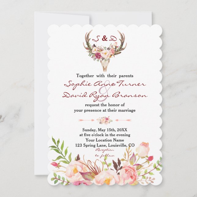 Boho Blush Red Floral Antler Skull Hochzeit Einladung (Vorderseite)