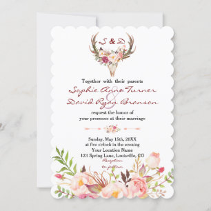 Boho Blush Red Floral Antler Skull Hochzeit Einladung