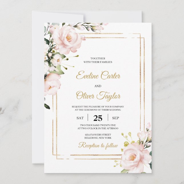 Boho Blush rosa Blumen und goldfarbener Glitzer el Einladung (Vorderseite)