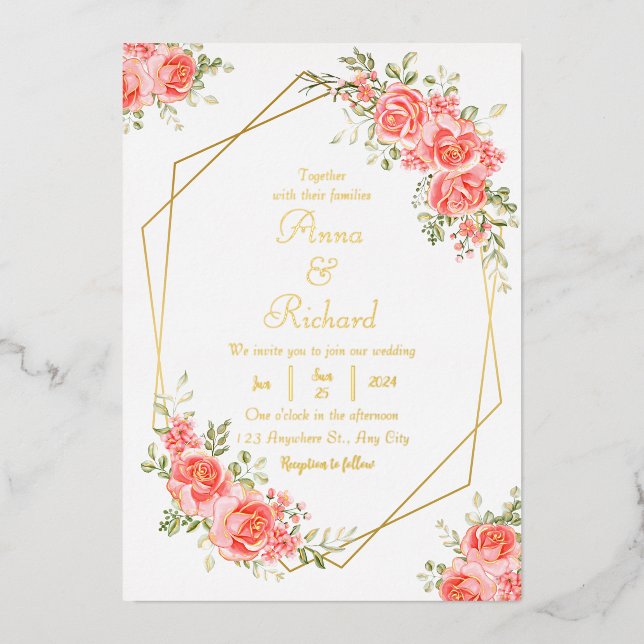Boho blush rosa Blütengold geometrische Chic Hochz Folieneinladung (Vorderseite)