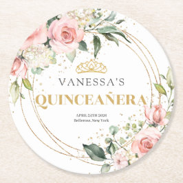 Boho Blush Rosa Blütengold Tiara Salbei Quinceaner Runder Pappuntersetzer