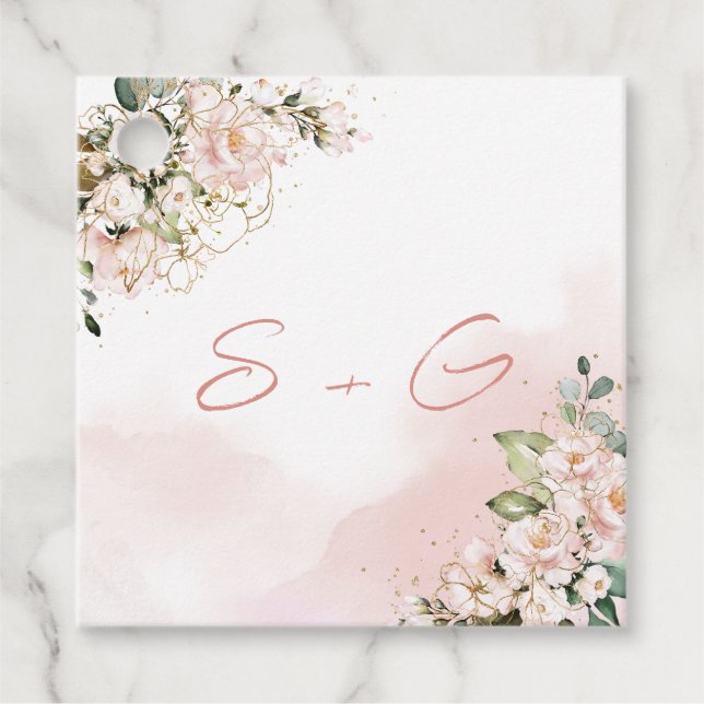 Boho blush rosa Blütenhochzeit Initialen Monogramm Geschenkanhänger (Vorderseite)