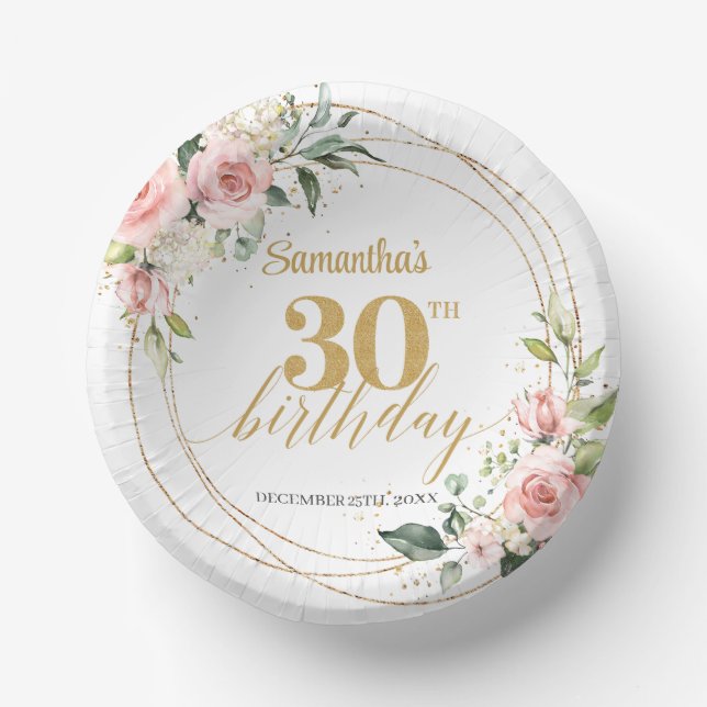 Boho Blush Rosa Blütenröschchen Eukalyptus Gold 30 Pappteller (Vorderseite)