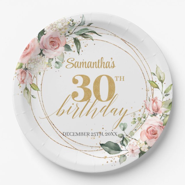 Boho Blush Rosa Blütenröschchen Eukalyptus Gold 30 Pappteller (Vorderseite)