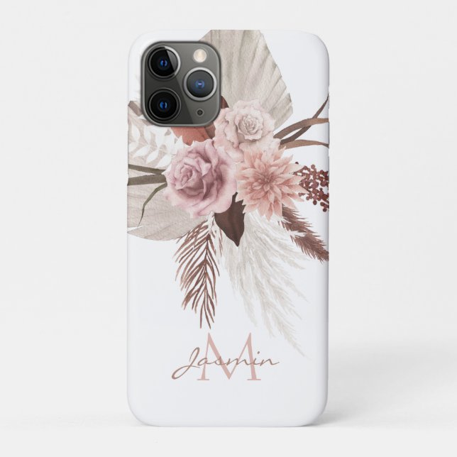 Boho Blush Rosa Pampasgras Florales Monogramm Case-Mate iPhone Hülle (Rückseite)