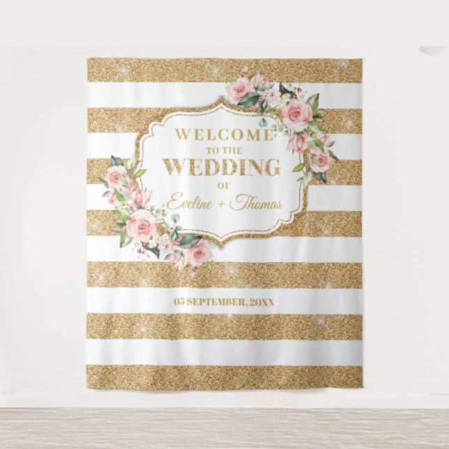 Boho Blush rosa Rosen Goldstreifen Glitzer Streife Wandteppich (Vorderseite)