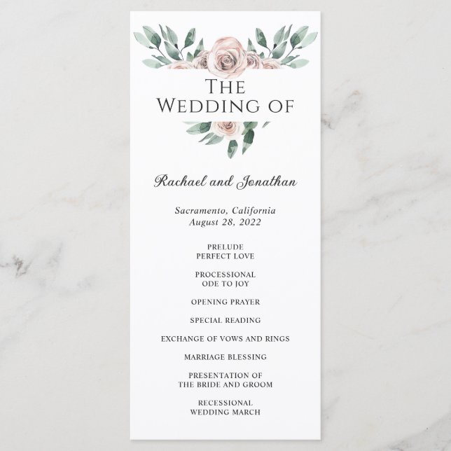 Boho Blush Rose Floral Wedding Programme (Devant)