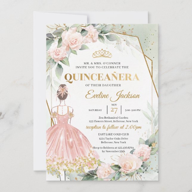 Boho blush Rose Goldrahmen Knöchel Quinceanera Einladung (Vorderseite)