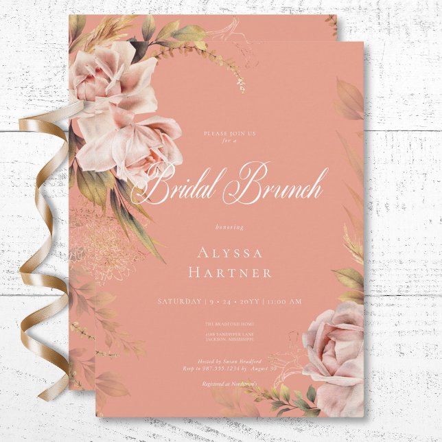 Boho Blush Rose & Grasses Bridal Brunch Einladung (Boho Blush Roses & Grasses Bridal Brunch Invitation)