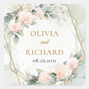 Boho blush Rose Grüngoldrahmen Hochzeitsaufkleber Quadratischer Aufkleber