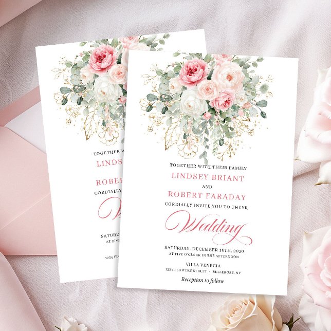 Boho Blush Roses Gold Floral Wedding Invitation Einladung (Boho Blush Roses Gold Floral Wedding Invitation)