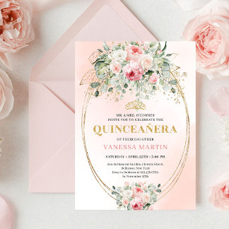 Boho Blush Roses Greenery Quinceañera Invitation Einladung