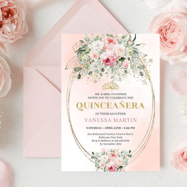Boho Blush Roses Greenery Quinceañera Invitation Einladung (Boho Blush Roses Greenery Quinceañera Invitation

)