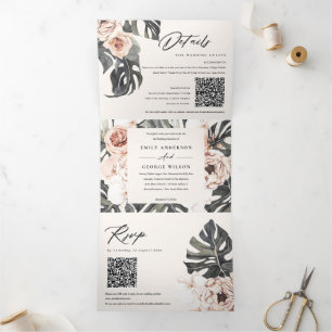 Boho Blush Rust Monstera Floral 2 QR Code Hochzeit Dreifach Gefaltete Einladung