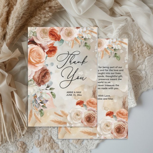 Boho Blush Terracotta Cream Floral Wedding  Dankeskarte (Boho floral wedding thank you card)