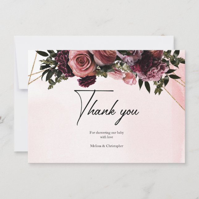 Boho blush und bordeauxrote Blume Rose Goldrahmen Dankeskarte (Vorderseite)