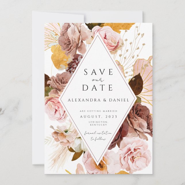 Boho Blush und Rose Pampas Save the Date Einladung (Vorderseite)