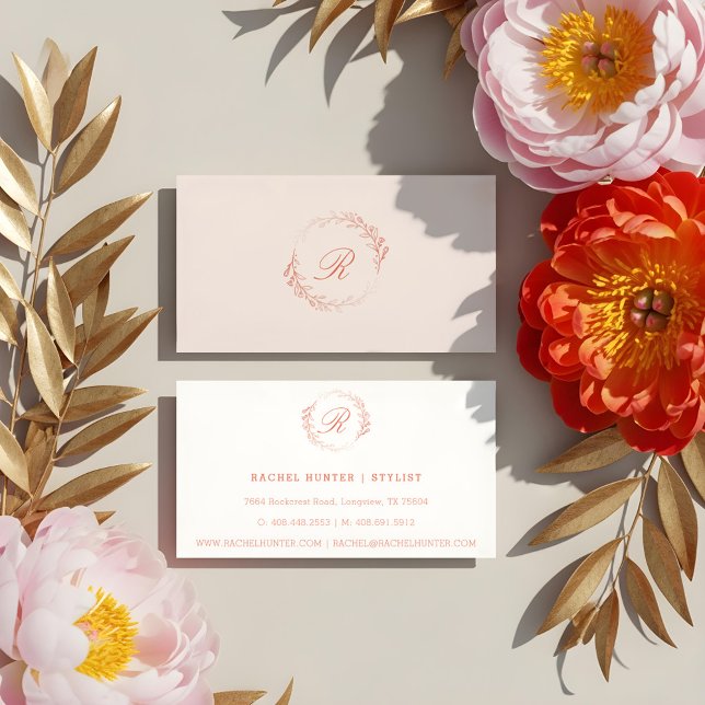 Boho Blush Wasserfarben Wappen Wreath Monogramm Visitenkarte (Elegant Luxury Floral Crest Wreath Monogram Business Card)