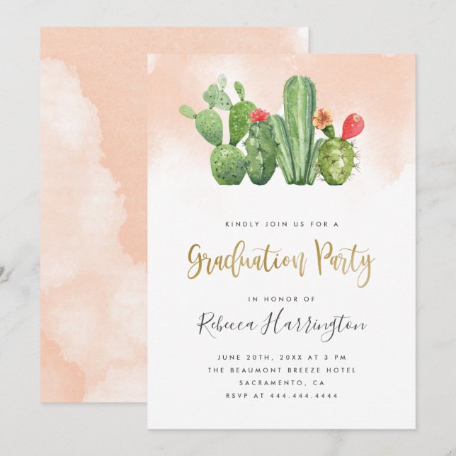 Boho Blush Watercolor & Cactus Graduation Party Einladung (Vorne/Hinten)