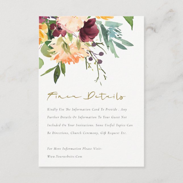 Boho Blush Yellow Orange Bloral Wedding Detail Begleitkarte (Vorderseite)
