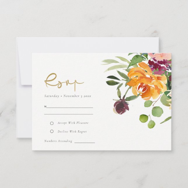 Boho Blush Yellow Orange Floral Wedding RSVP Karte (Vorderseite)