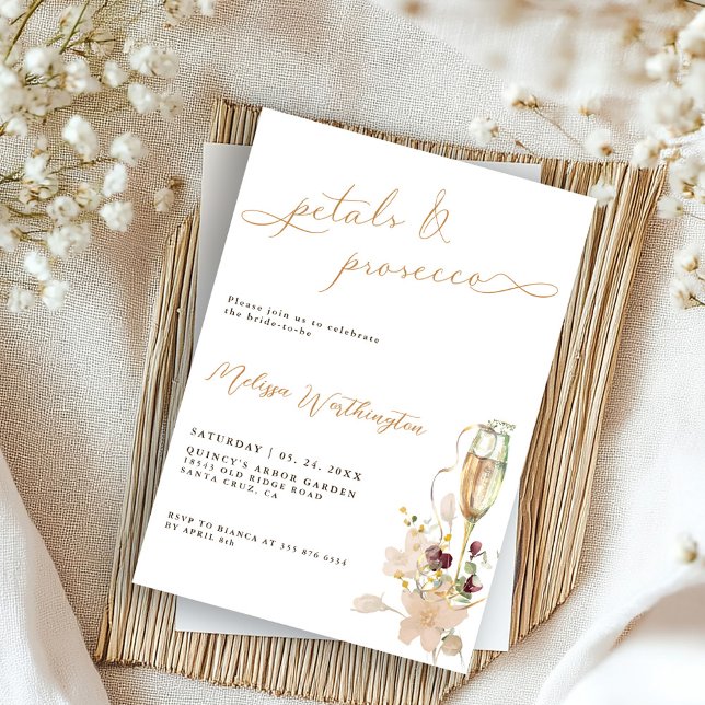 Boho Blüten & Prosecco Fancy Script Brautparty Einladung (Von Creator hochgeladen)