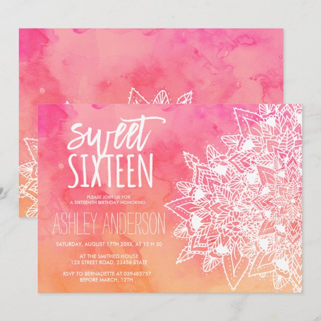Boho Blütenlace mandala rosa Aquarell Sweet 16 Einladung (Vorne/Hinten)