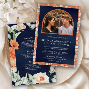 Boho-Bogen-Erde Floral Alles in Einem Navy-Hochzei Einladung