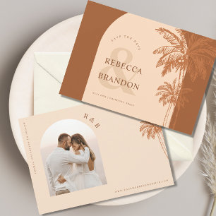 Boho-Bogen-Palmenstrand-Foto-Terrakotta-Hochzeit Save The Date