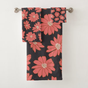 Boho Bohemian Botanische Blumen in Navy und Rot  Badhandtuch Set