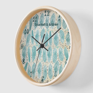 Boho-Bohemian-Distressed Türkis Feder Muster Wanduhr
