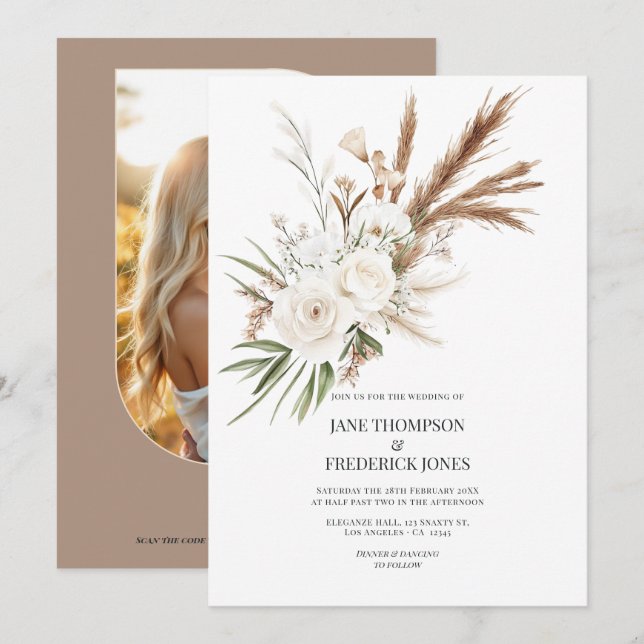 Boho Bohemian Dried Floral Photo & QR Code Wedding Einladung (Vorne/Hinten)