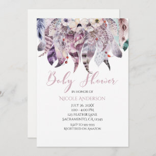 Boho Bohemian Feathers Baby Shower Invitations
