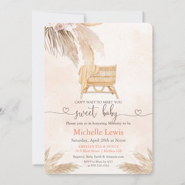 Boho Bohemian Pampas Baby shower Invitation (Devant)