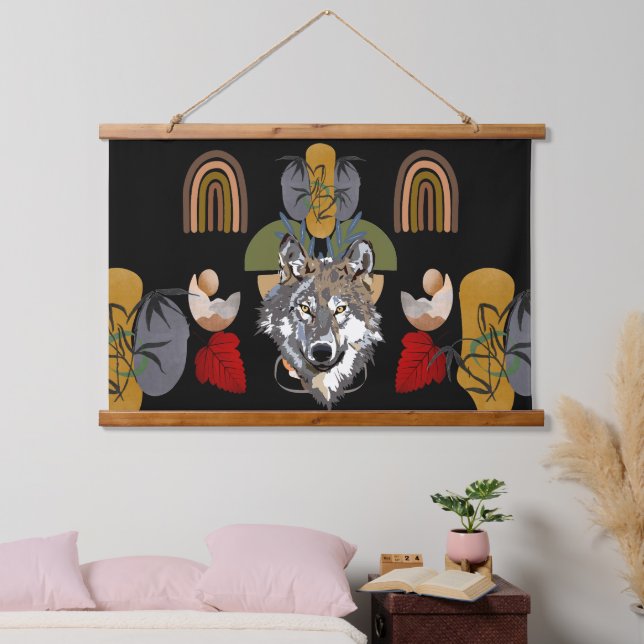 Boho Bohemisch Modern Art Fox Earth Mauer Wandteppich Mit Holzrahmen (Schlafzimmer)