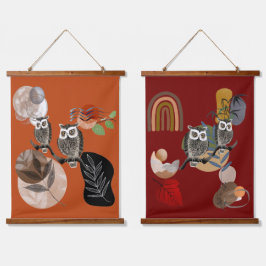 Boho Bohemisch moderne Kunst Owls Natureismauer Wandteppich Mit Holzrahmen