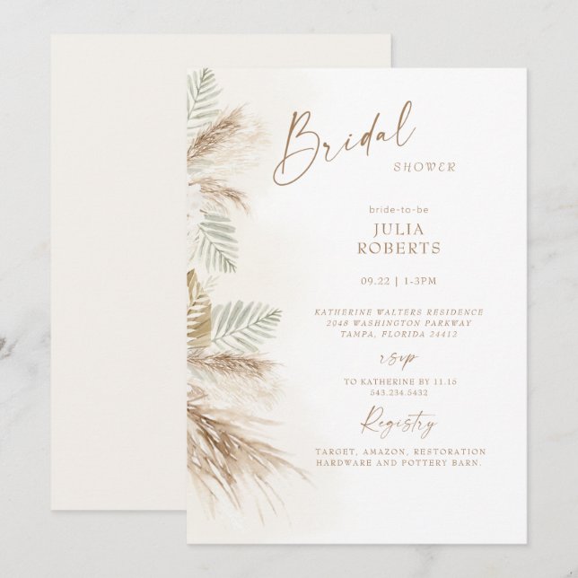 Boho Bohemisch Pampas Grass Beige Brautparty Einladung (Vorne/Hinten)