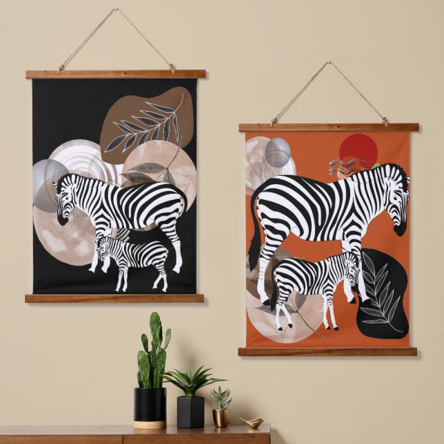 Boho Bohemisch Wall Art Zebra Leinwand Mutter Kind Wandteppich Mit Holzrahmen (Asymmetrisch)