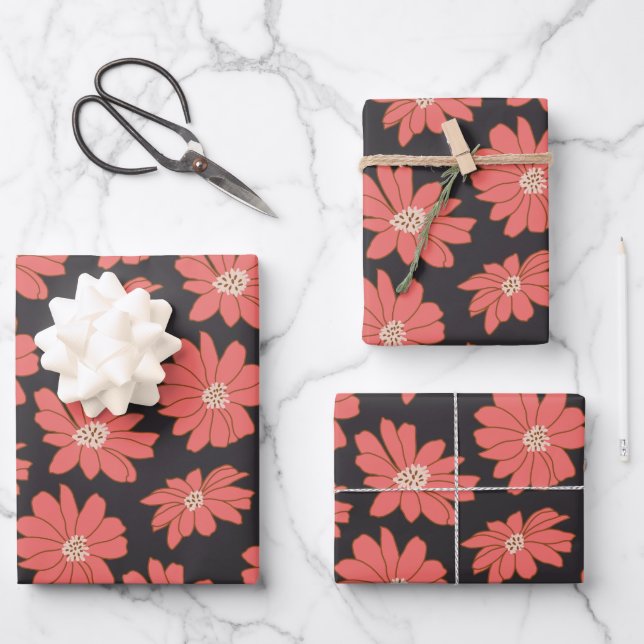 Boho Bohemische botanische Blume in Marine und Rot Geschenkpapier Set (Vorderseite)