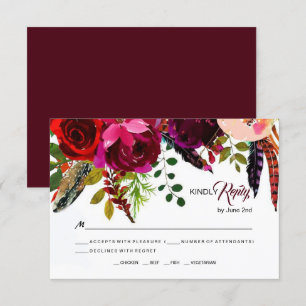 Boho Bold Burgundy Floral Wedding RSVP Karte