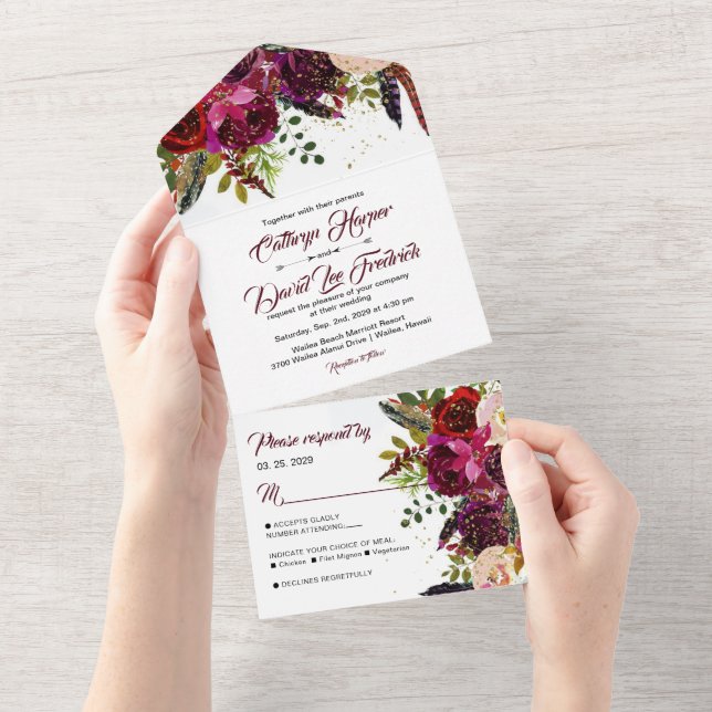 Boho Bold Burgundy & Gold Floral Wedding All In One Einladung (Abreißen)