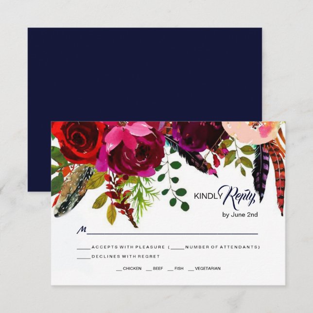 Boho Bold Burgundy Navy Floral Wedding RSVP (Vorne/Hinten)