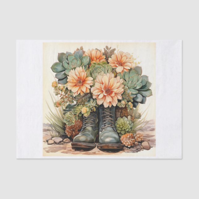 Boho Boots Succulent Bouquet für Decoupage Seidenpapier (Vorderseite)