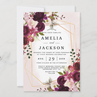 Boho Bordeaux Florals Invitation géométrique