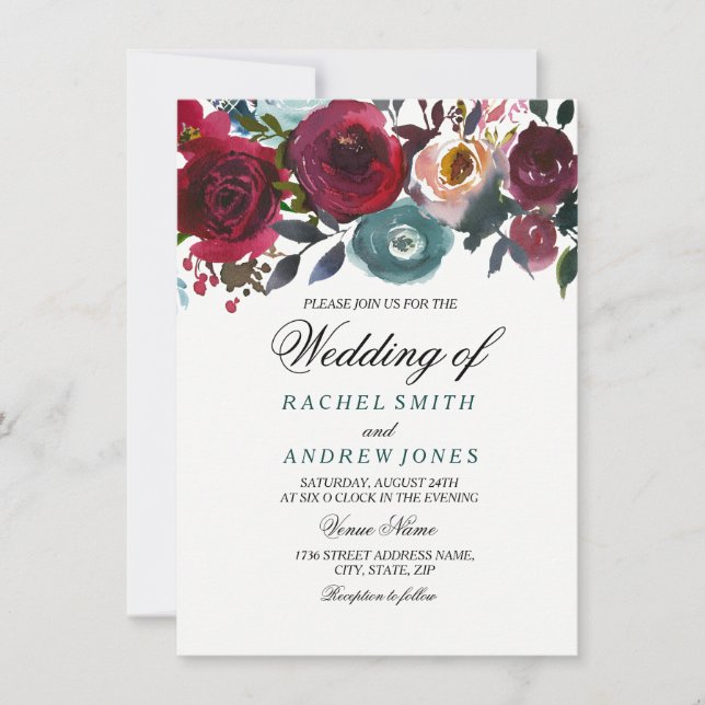 Boho Bordo Bourgogne Faire-part de mariage de fleu (Devant)
