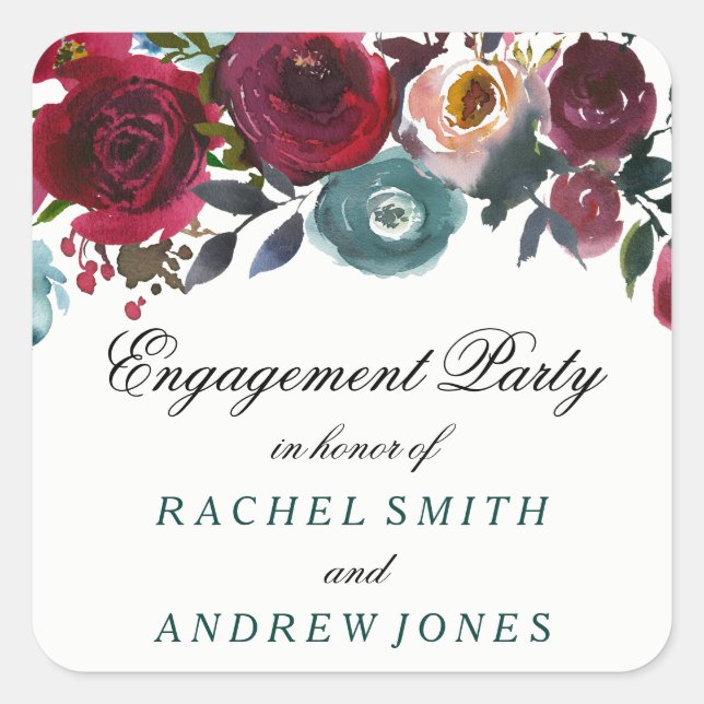 Boho Bordo Burgundy Red Blume Engagement Party Quadratischer Aufkleber (Vorderseite)