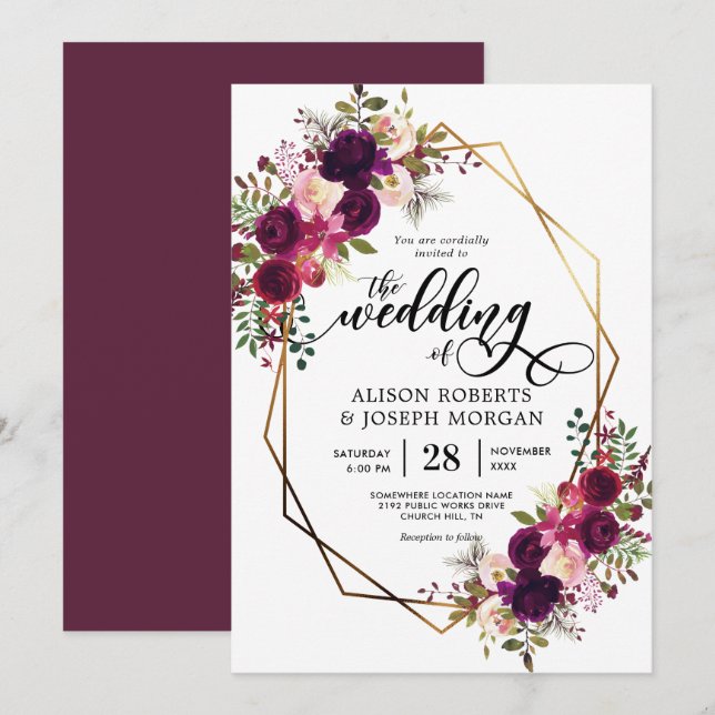 Boho bordo geometrische Hochzeitseinladung Einladung (Vorne/Hinten)